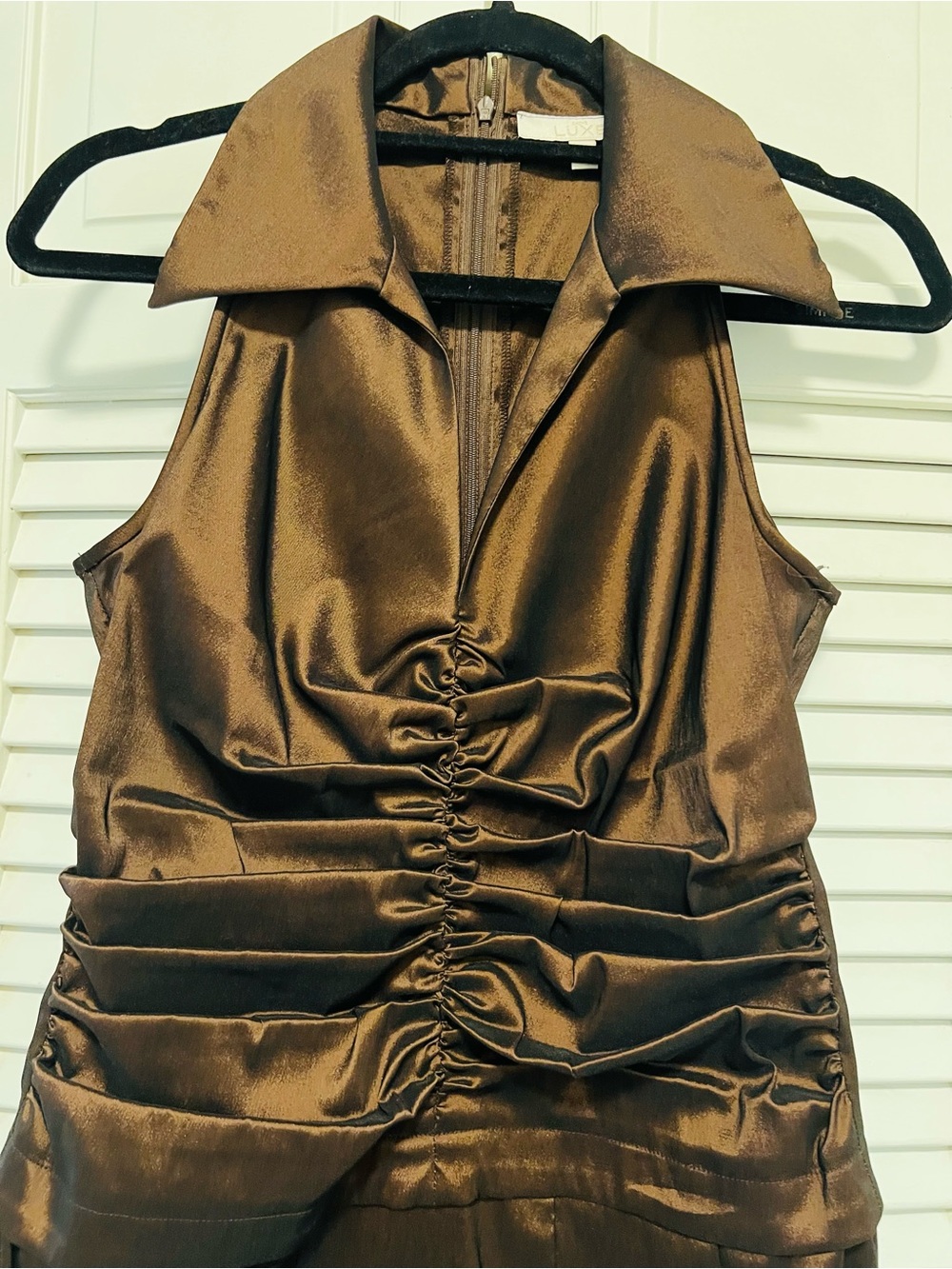 Cache Brown Satin Ruched Collared Midi Dress